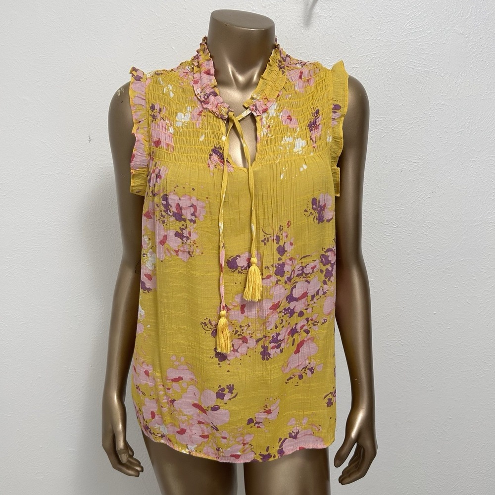 Nanette Lepore Yellow Pink Floral Blouse Smocked Top Ruffle Trim Size M Peasant